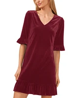 CeCe Women's Velvet Elbow Sleeve Ruffle Trim Shift Dress