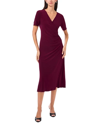 Msk Women's Surplice-Neck Elbow-Sleeve Midi Dress