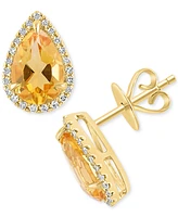 Effy Pear-Shape Citrine (2-5/8 ct. t.w.) & Diamond (1/6 ct. t.w.) Halo Stud Earrings in 14k Yellow Gold