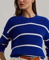 Lauren Ralph Women's Striped Rib-Knit Cotton Crewneck Sweater