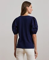 Lauren Ralph Women's Eyelet Jersey Puff-Sleeve Tee