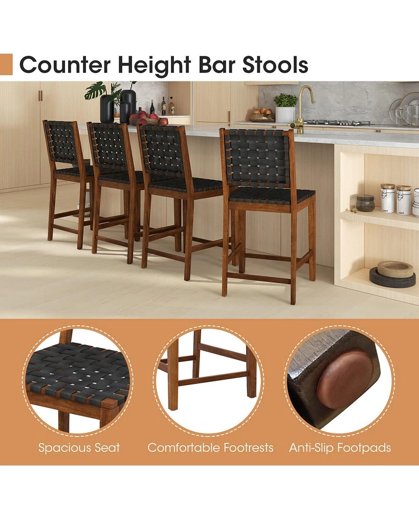 Sugift Set of 2 Woven Bar Stools with Faux Pu Leather Straps