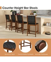 Sugift Set of 2 Woven Bar Stools with Faux Pu Leather Straps