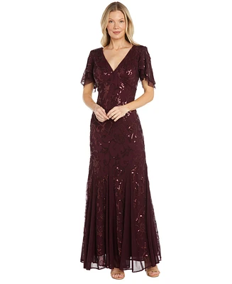 R & M Richards Women's Sequinned Beaded Flutter-Sleeve Gown