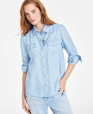 On 34th Women's Puffed-Shoulder Denim Shirt, Exclusively at Macy's