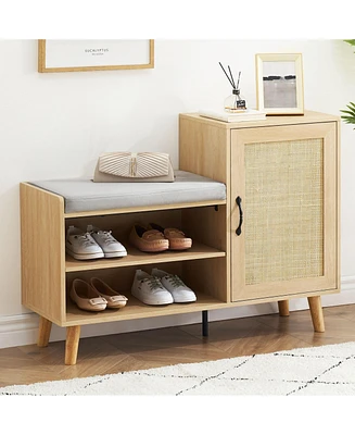 gaomon Natural Rattan Shoe Storage Bench with Upholstered,2-in-1 Shoe Cabinets with Adjustable Shelf