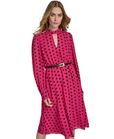 Halston Women's Dot-Print Belted Keyhole Midi Dress