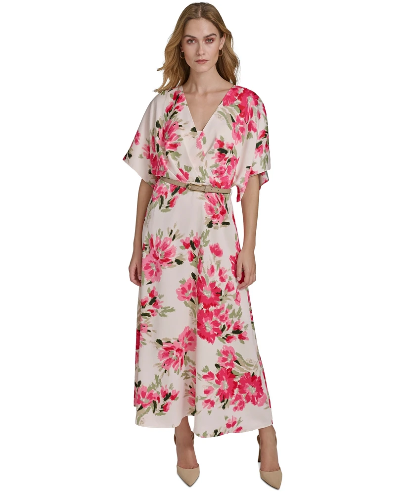 Halston Women's Satin Floral-Print Belted Dress