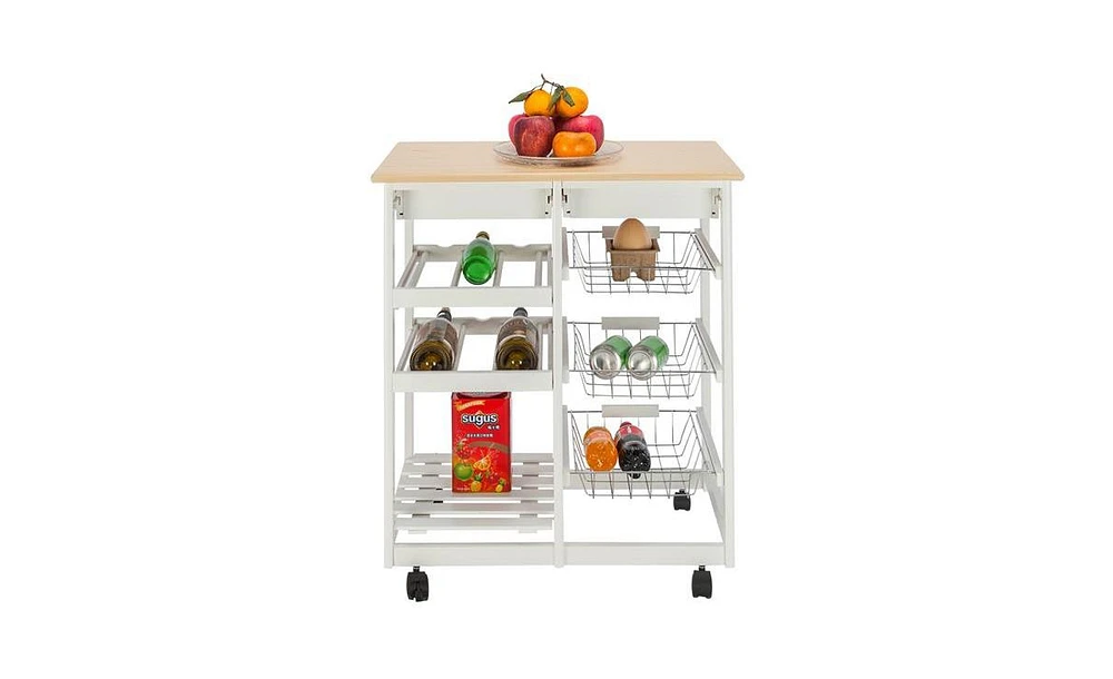 Slickblue Moveable Kitchen Cart with Two Drawers & Two Wine Racks & Three Baskets White