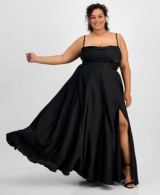 B Darlin Trendy Plus High-Slit A-Line Satin Gown, Created for Macy's