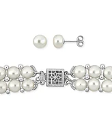 Macy's Cultured Freshwater Pearl (6-8mm) 3-Pc. Set Double Row Strand Necklace, Stretch Bracelet & Stud Earrings in Sterling Silver