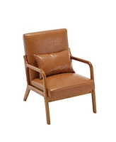 Modern Accent Chair, Solid Wood Padding Lounge Armchairs With One pillow for Living Room, Bedroom, Guest Room (Light Brown Pu)