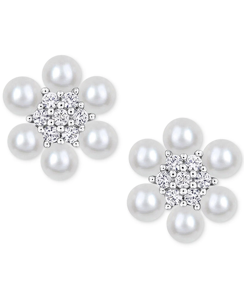 Macy's Cultured Freshwater Pearl (3-3-1/2mm) & Lab-Created White Sapphire (1/3 ct. t.w.) Flower Cluster Stud Earrings in Sterling Silver