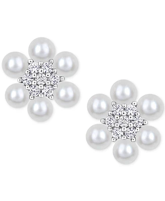 Macy's Cultured Freshwater Pearl (3-3-1/2mm) & Lab-Created White Sapphire (1/3 ct. t.w.) Flower Cluster Stud Earrings in Sterling Silver