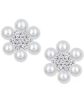 Macy's Cultured Freshwater Pearl (3-3-1/2mm) & Lab-Created White Sapphire (1/3 ct. t.w.) Flower Cluster Stud Earrings in Sterling Silver