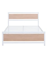 Slickblue Full Size Platform Bed, Metal and Wood Bed Frame with Headboard and Footboard , White