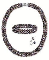 3-Pc. Set Black Cultured Freshwater Pearl (6-8mm) Beaded Double-Row Strand Necklace, Stretch Bracelet & Stud Earrings in Sterling Silver