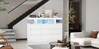 Homsee White Dresser with 9 Handleless Drawers & Led Light, Chest of Drawers with Charging Station
