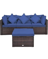Sugift 4 Pieces Ottoman Garden Patio Rattan Wicker Furniture Set with Cushion-Navy