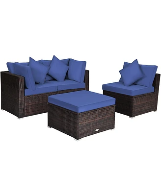 Sugift 4 Pieces Ottoman Garden Patio Rattan Wicker Furniture Set with Cushion-Navy