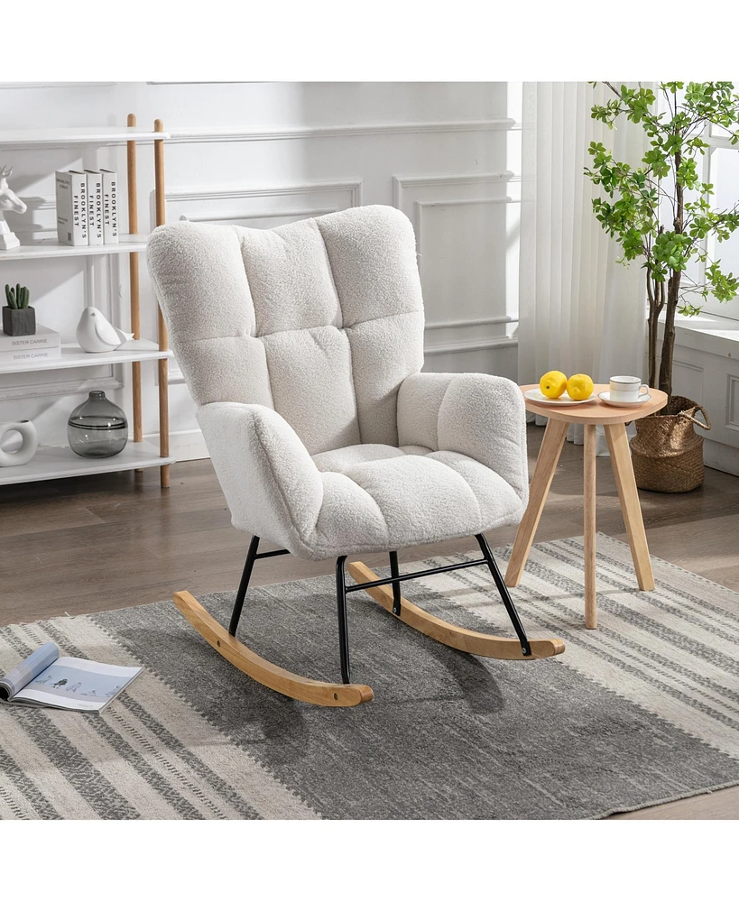 Streamdale Furniture Mid Century Modern Teddy Fabric Tufted Upholstered Rocking Chair Padded Seat For Living Room Bedroom, Ivory White