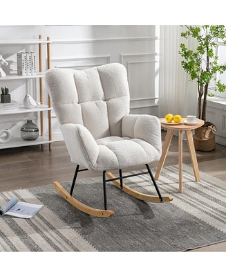 Streamdale Furniture Mid Century Modern Teddy Fabric Tufted Upholstered Rocking Chair Padded Seat For Living Room Bedroom, Ivory White