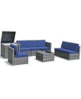 Sugift 8 Piece Wicker Sofa Rattan Dinning Set Patio Furniture with Storage Table-Navy