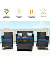 Sugift 4 Pieces Comfortable Outdoor Rattan Sofa Set with Glass Coffee Table-Peacock Blue