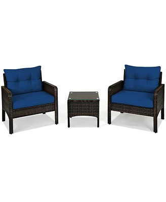 Sugift 3 Pieces Outdoor Patio Rattan Conversation Set with Seat Cushions-Navy