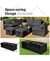 Sugift 8 Pieces Patio Rattan Storage Table Furniture Set-Gray