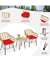 Sugift 3 Pieces Rattan Furniture Set with Cushioned Chair Table-Red