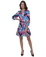 Karl Lagerfeld Paris Women's Geo-Print Tie-Waist 3/4-Sleeve Dress