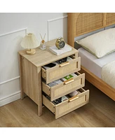 gaomon Nightstand, Rattan End Table, Nightstands with 3 Natural Rattan Drawers, Strong Support Wooden Structure, Side Table