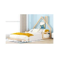 Slickblue Full Size Wood Floor Bed with House-shaped Headboard, Natural