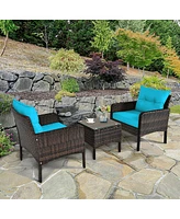 Sugift 3 Pcs Outdoor Patio Rattan Conversation Set with Seat Cushions-Turquoise
