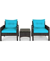 Sugift 3 Pcs Outdoor Patio Rattan Conversation Set with Seat Cushions-Turquoise