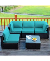 Sugift 5 Pieces Cushioned Patio Rattan Furniture Set with Glass Table-Turquoise