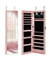 Sugift Wall and Door Mounted Mirrored Jewelry Cabinet with Lights-Pink