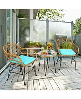 Sugift 3 Pieces Rattan Furniture Set with Cushioned Chair Table-Turquoise