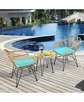 Sugift 3 Pieces Rattan Furniture Set with Cushioned Chair Table-Turquoise