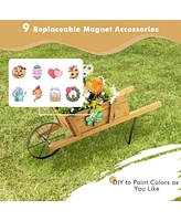 Sugift Wooden Wagon Planter with 9 Magnetic Accessories for Garden Yard-Walnut