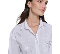 Karl Lagerfeld Paris Women's Poplin Embellished Button-Down Top