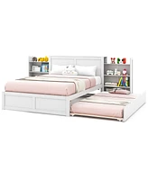 Sugift Kids Wooden Platform Bed with Trundle Storage Headboard-Full Size