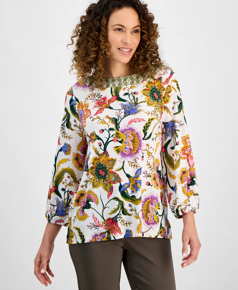 Jm Collection Petite Mirella Garden Boat-Neck Top, Exclusively at Macy's