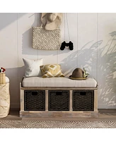 Slickblue Storage Bench with 3 Removable Classic Rattan Baskets Stylish and Functional Organization