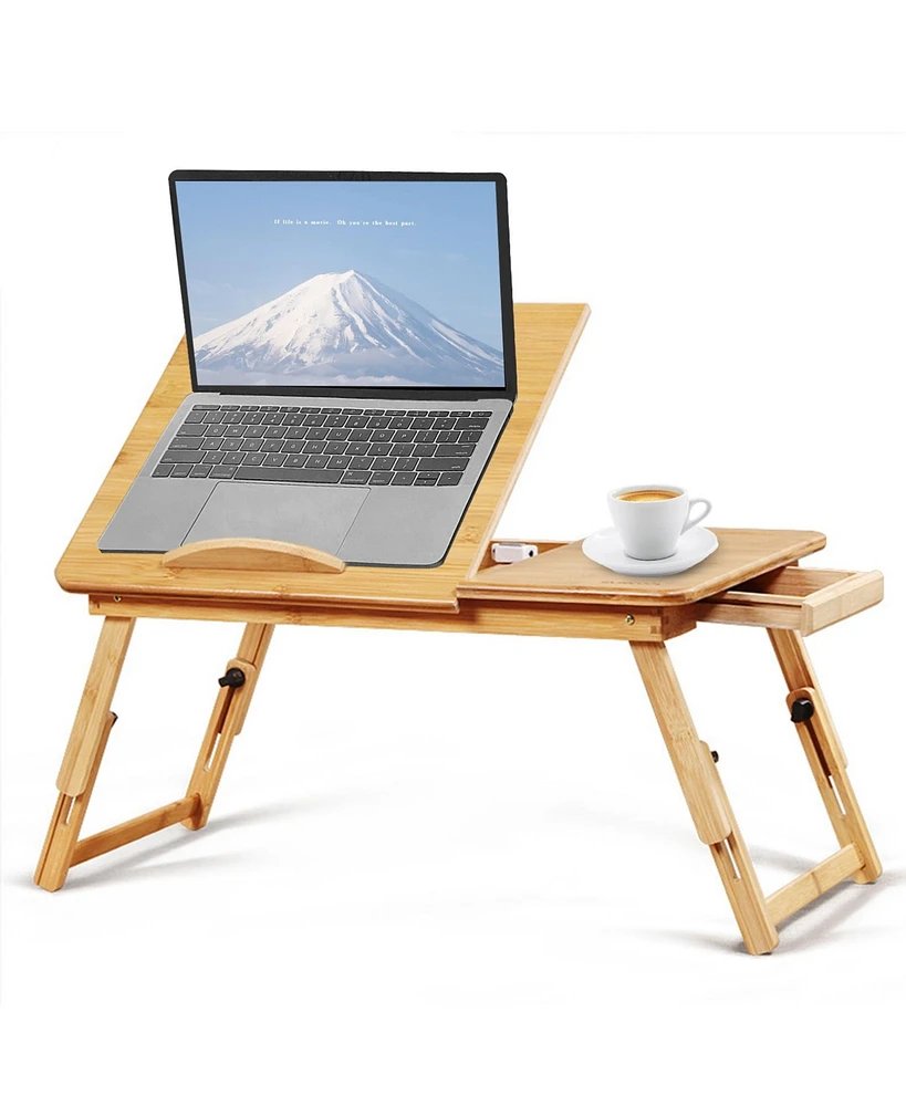 Sugift Bamboo Laptop Desk Adjustable Folding Bed Tray with Drawer