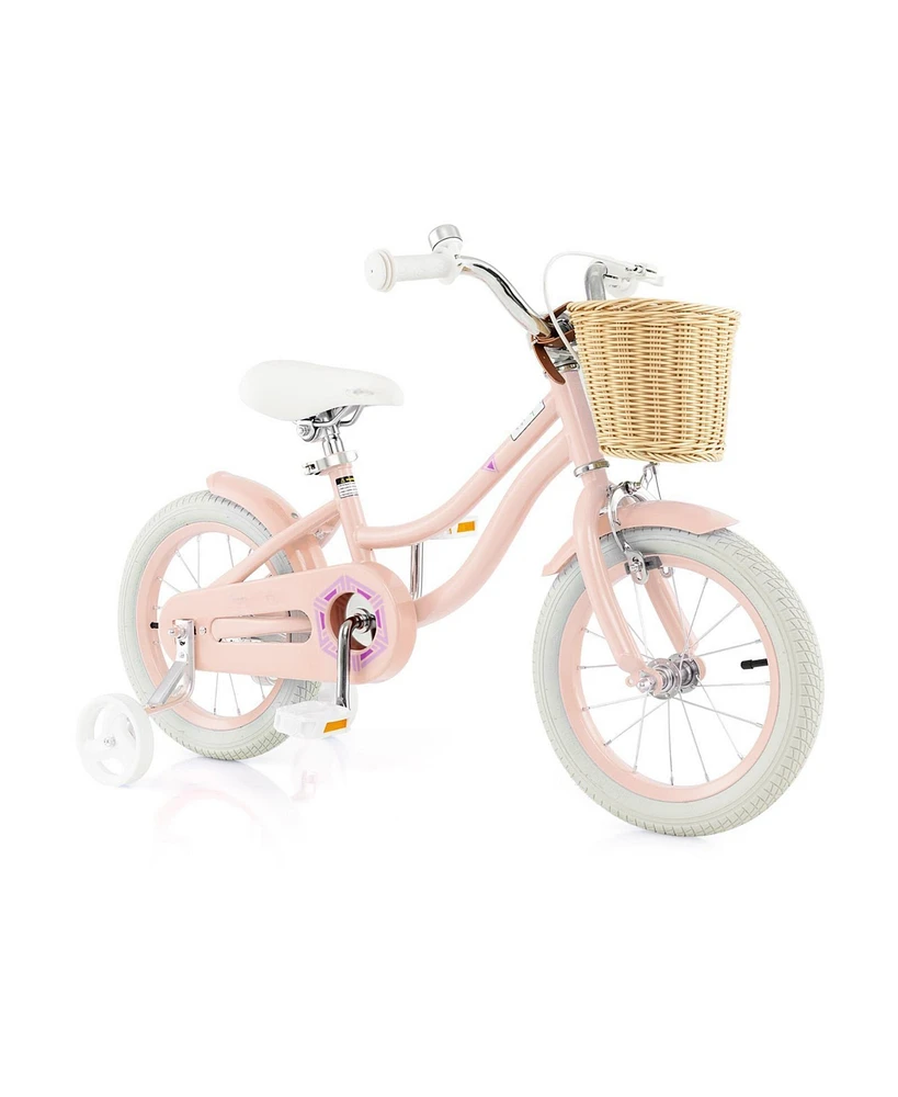 Hongge 14-Inch Kids Bike with Training Wheels and Adjustable Handlebar Seat-Pink