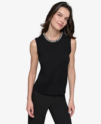 Karl Lagerfeld Paris Women's Embellished-Neck Sleeveless Knit Top