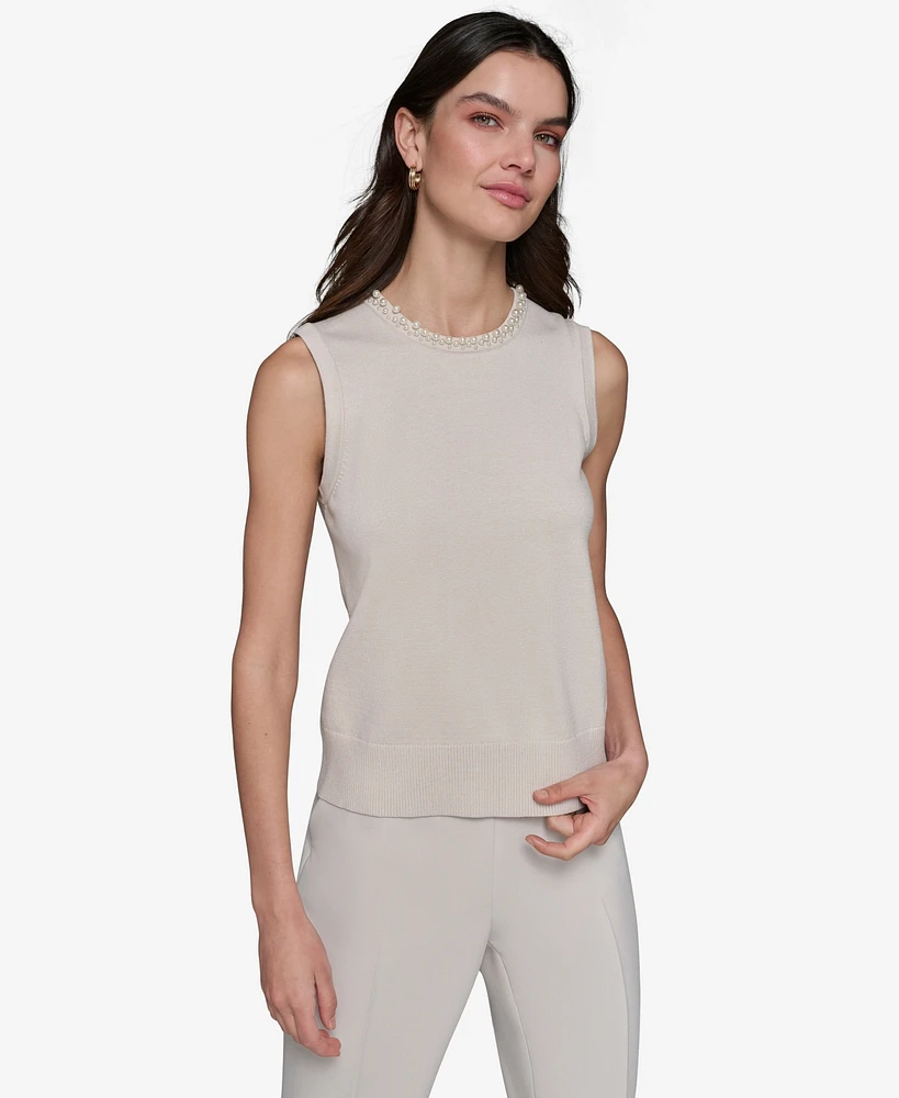 Karl Lagerfeld Paris Women's Embellished-Neck Sleeveless Knit Top