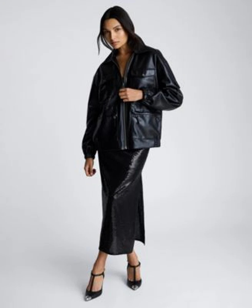 Kenneth Cole Womens Faux Leather Shirt Collar Utility Bomber Jacket Cowl Neck Sequin Maxi Dress